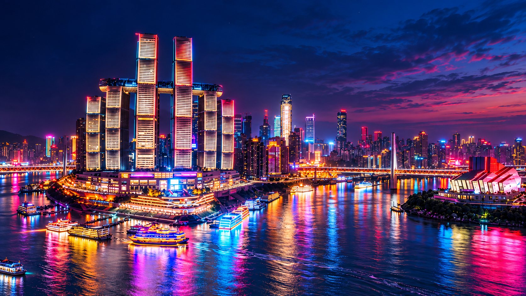 Raffles City and the meeting of the Yangtze and Jialing rivers at Chaotianmen, Chongqing at night